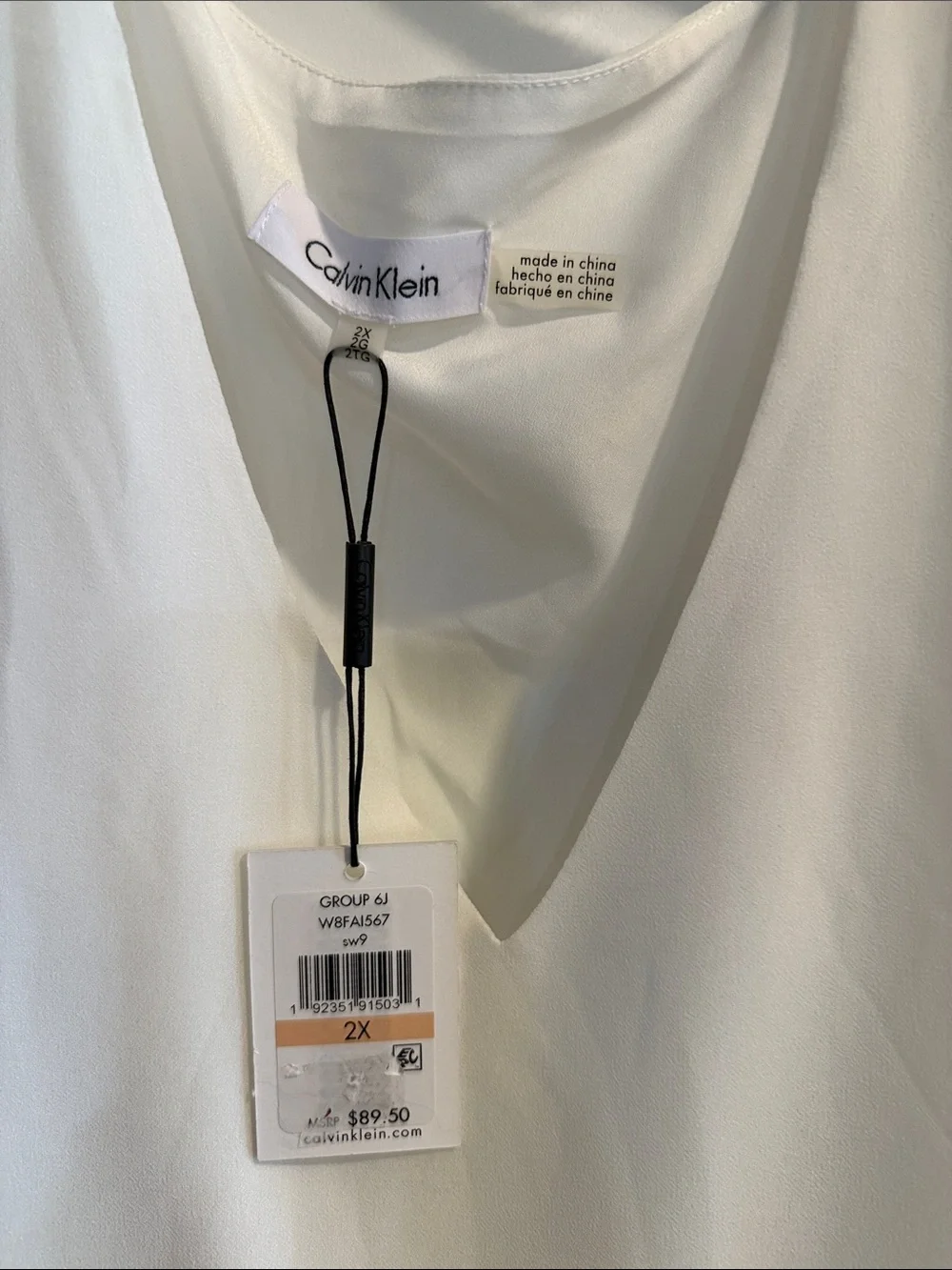 Calvin Klein Ivory V-Neck Long Sleeve Peasant Blouse